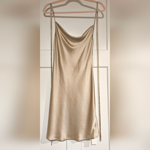 Lounge Cowl Neck Mini Silk Slip Dress (Beige) - Silk Maison - Picture 12 of 15